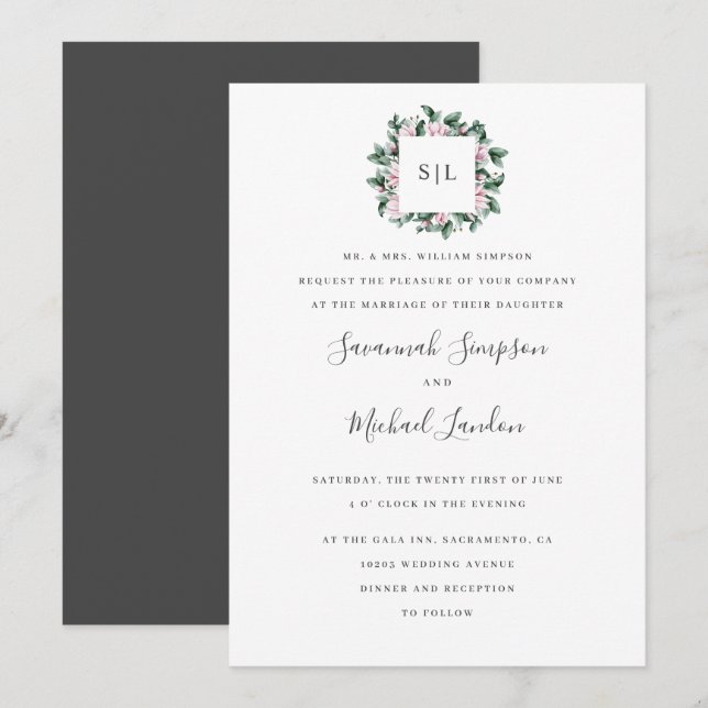 Painted Magnolia Eucalyptus chic monogram wedding Invitation (Front/Back)