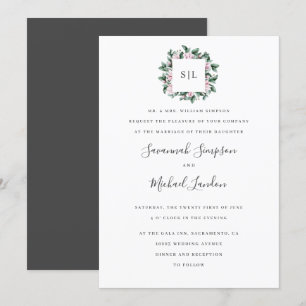 Painted Magnolia Eucalyptus chic monogram wedding Invitation