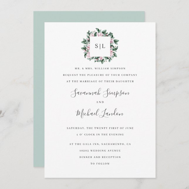 Painted Magnolia Eucalyptus sage monogram wedding Invitation (Front/Back)