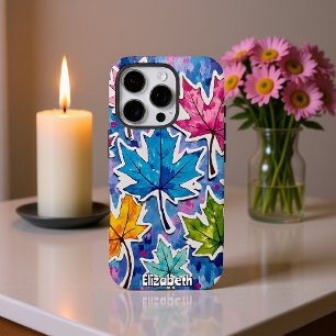 Painted Maple Leaves on Blue iPhone 16 Pro Case