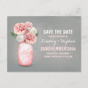 Painted mason jar and pink flowers save the date announcement postcard