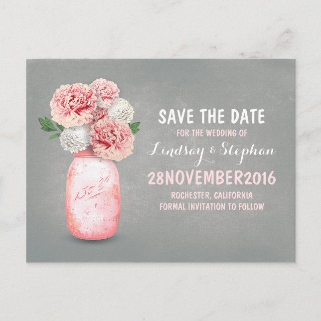 Painted mason jar and pink flowers save the date announcement postcard (Front)