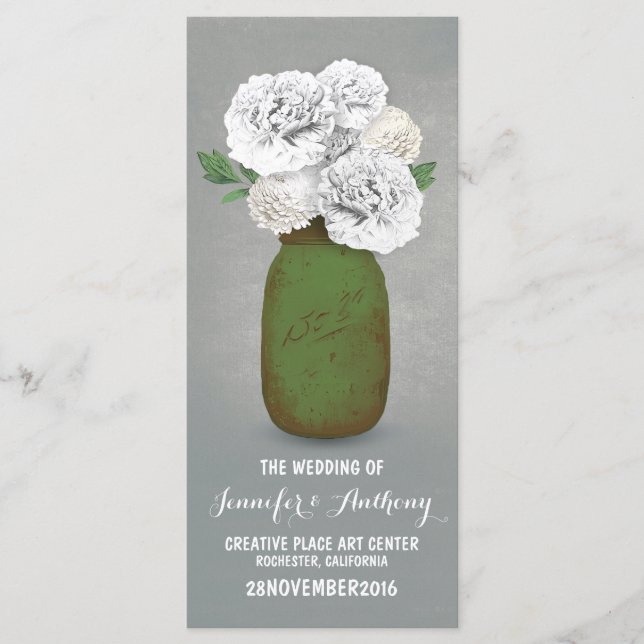 Painted mason jar white flowers wedding programs programme (Front)