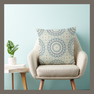 Painted Medallion Pattern in Blue and Beige Cushion