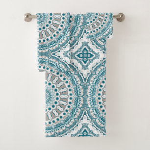 Painted Medallion Pattern in Blue and Grey Bath Towel Set