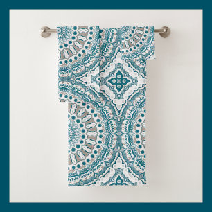 Painted Medallion Pattern in Blue and Grey Bath Towel Set
