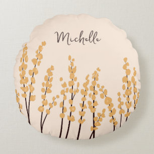 Painted Modern Yellow Flowers Custom Name     Round Cushion