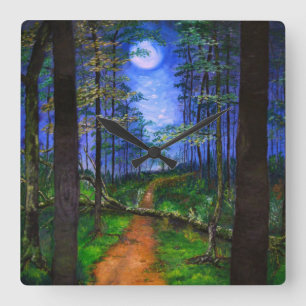 Painted Moonlit Path in the Woods Acrylic Square Wall Clock