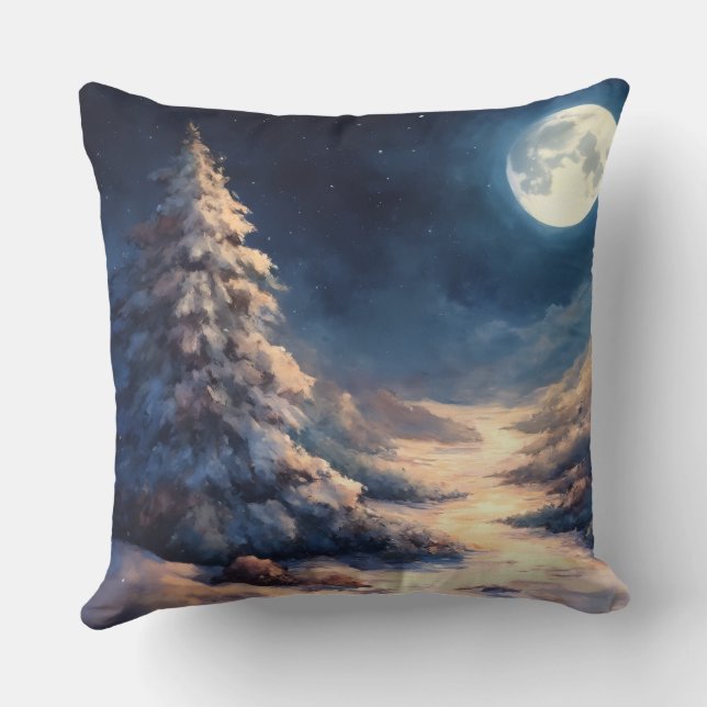 Painted Moonlit Snowy Winter Scene Season's Cushion (Back)