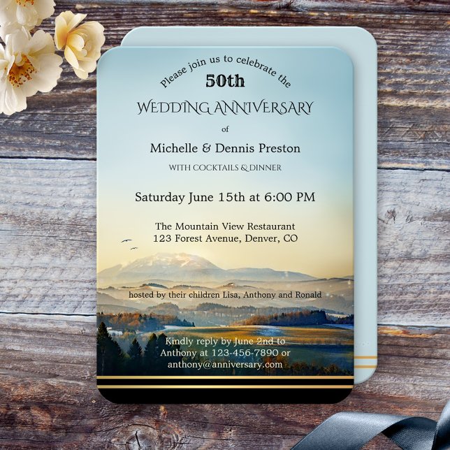 Painted Mountains Wedding Anniversary Party Invitation (Elegant wedding anniversary invitation featuring a pretty painted mountain landscape scene)