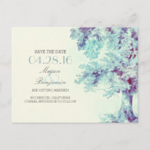 painted old tree vintage save the date postcards