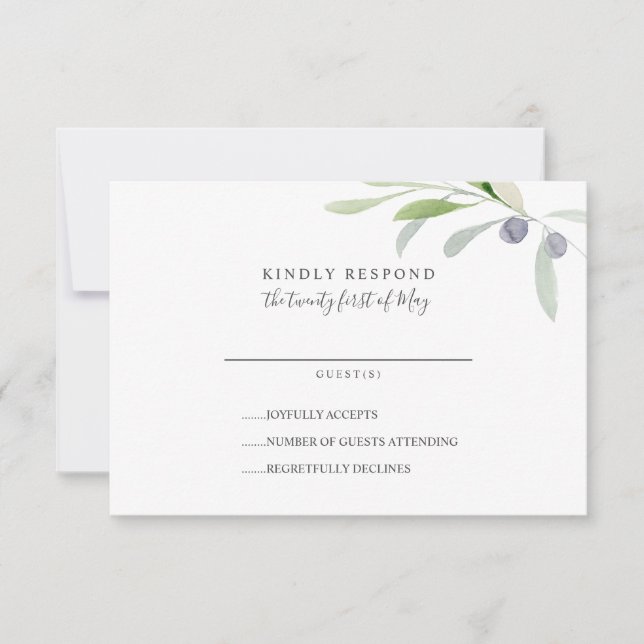Painted Olive and leaves branch Wedding RSVP Card (Front)