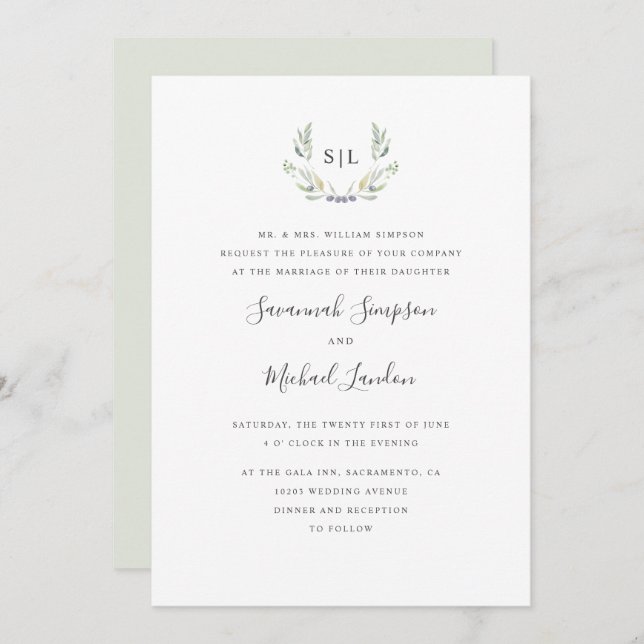 Painted Olive and leaves formal monogram wedding Invitation (Front/Back)