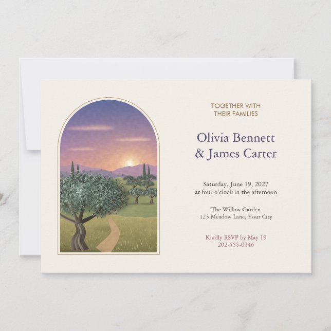 Painted Olive Grove Sunset Arch Wedding Invite (Front)