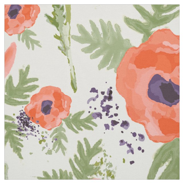 Painted Oriental Orange Poppy Floral Pattern Fabric (Swatch)