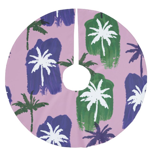 Painted Palm, Navy Blue Green. Brushed Polyester Tree Skirt (Front)