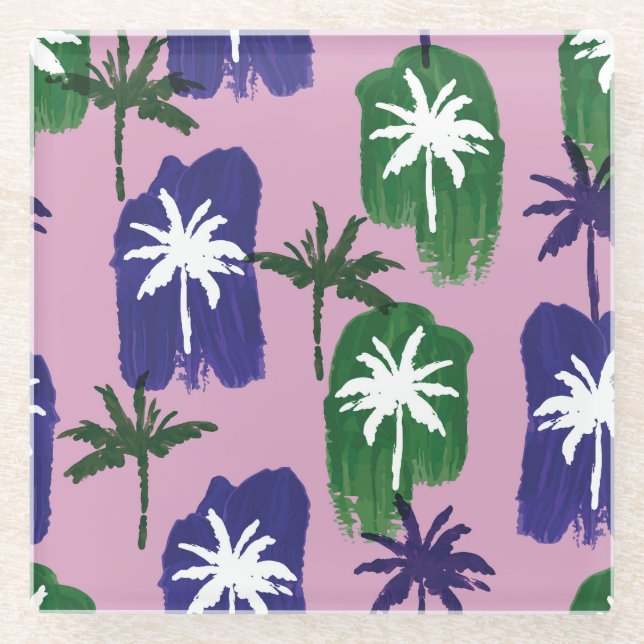 Painted Palm, Navy Blue Green. Glass Coaster (Front)