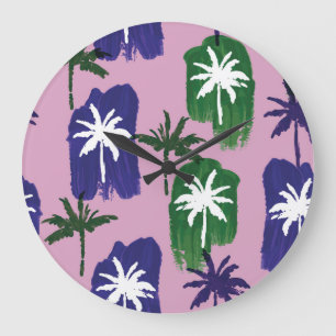 Painted Palm, Navy Blue Green. Large Clock