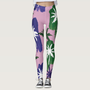 Painted Palm, Navy Blue Green. Leggings