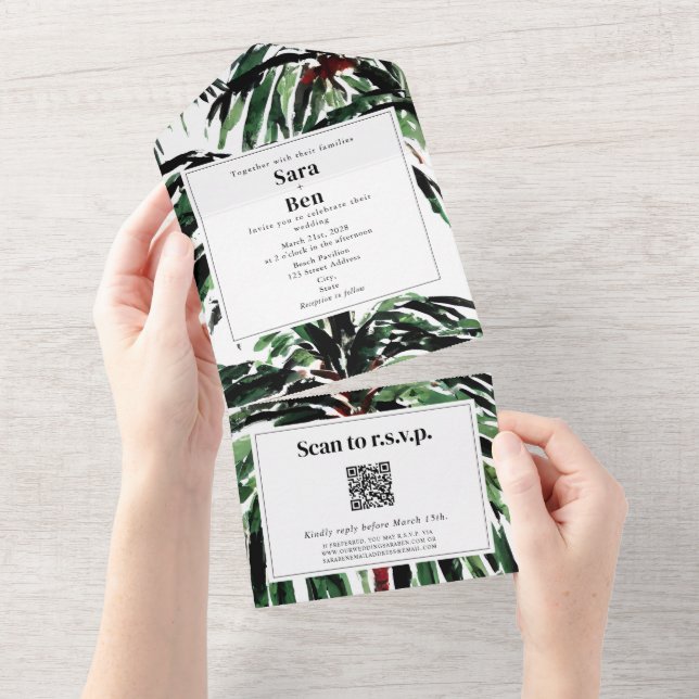 Painted Palm Trees Beach Wedding QR Code RSVP All In One Invitation (Tearaway)