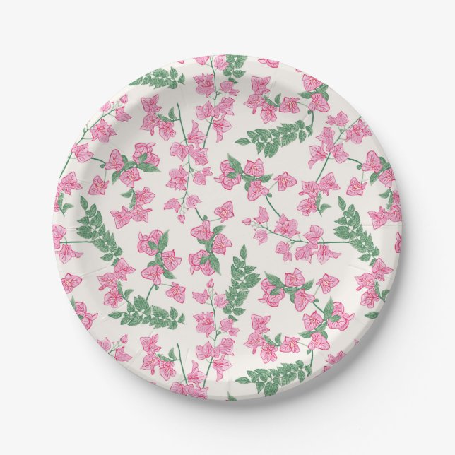 Painted Pastel Pink and Green Coastal Florals Paper Plate (Front)
