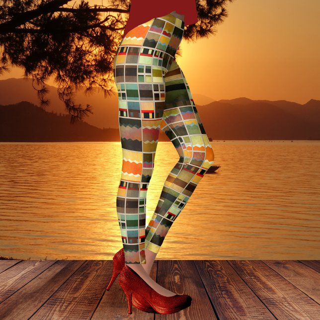 Painted Patchwork Pattern Designer Leggings (Modern design leggings featuring a painted geometrical patchwork pattern in unique and vibrant color)