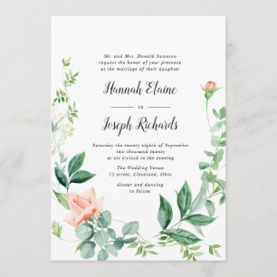 painted peach floral greenery wedding invitation