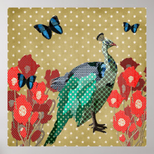 Painted Peacock & Peonies Gold Stars Poster