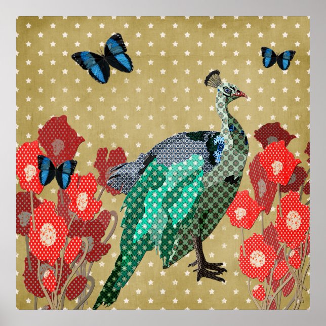 Painted Peacock & Peonies Gold Stars Poster (Front)