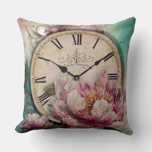 Painted Peonies Vintage Clock - Pillow (Front)