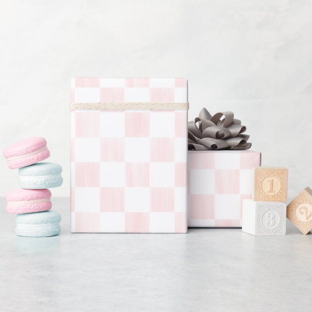 Painted Pink and White Check Checkerboard Pattern Wrapping Paper (Baby Shower)