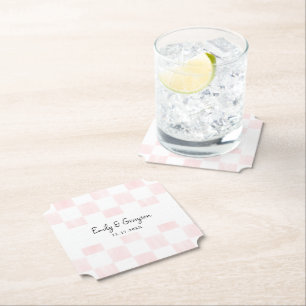 Painted Pink Checkerboard Pattern Wedding Paper Coaster