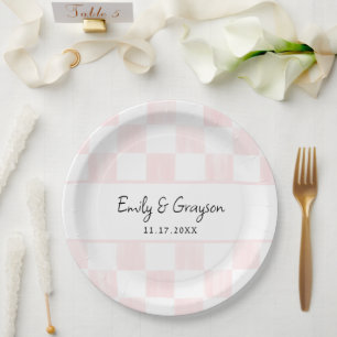 Painted Pink Checkerboard Pattern Wedding Paper Plate