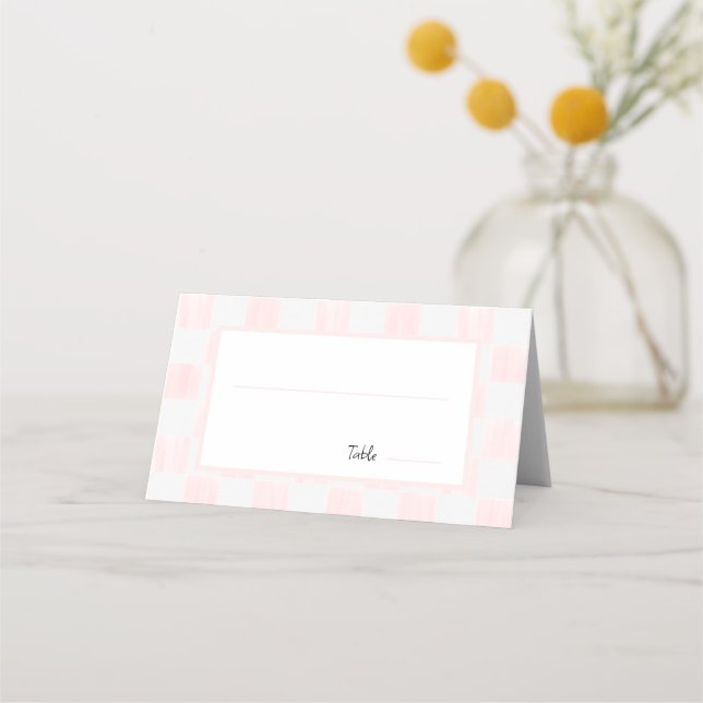 Painted Pink Checkerboard Pattern Wedding Place Card (Front)