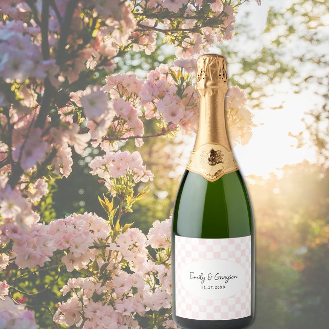 Painted Pink Checkerboard Pattern Wedding Sparkling Wine Label (Creator Uploaded)