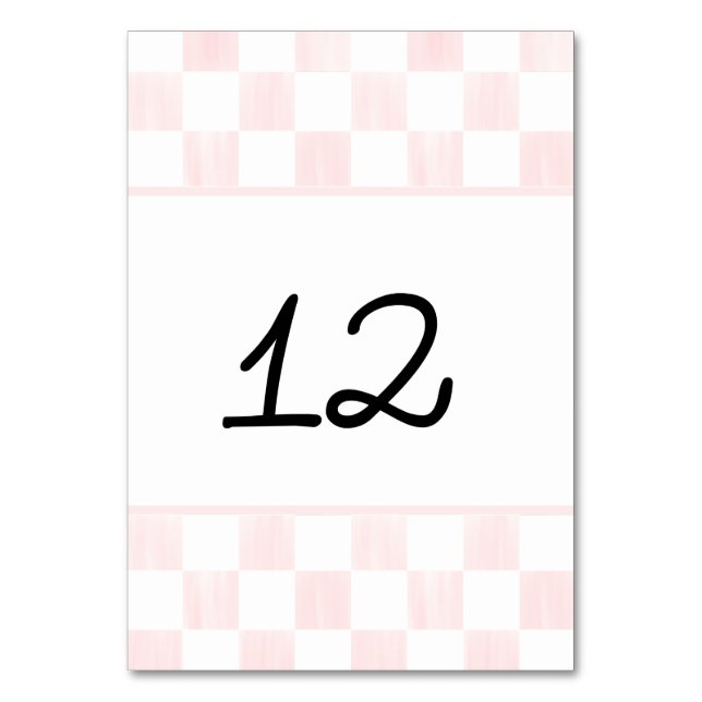 Painted Pink Checkerboard Pattern Wedding Table Number (Front)
