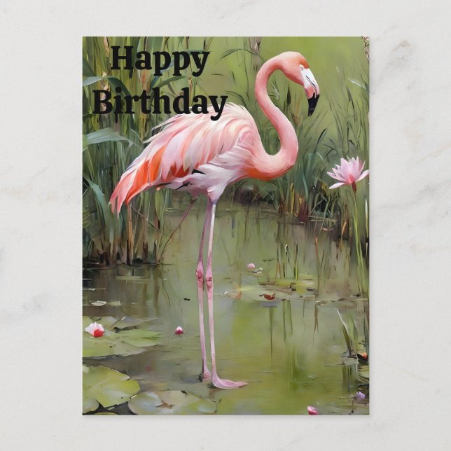Painted Pink Flamingo In Pond, Birthday Postcard (Front)