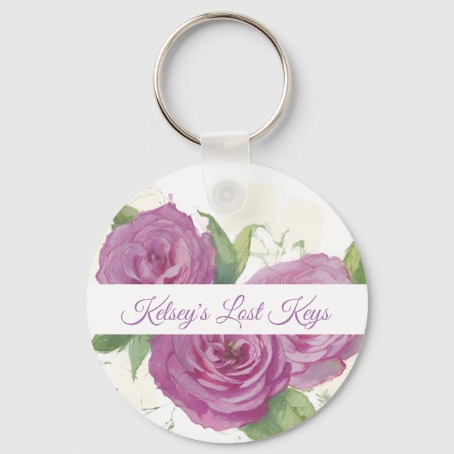 Painted pink, mauve roses on cream personalizable key ring (Front)