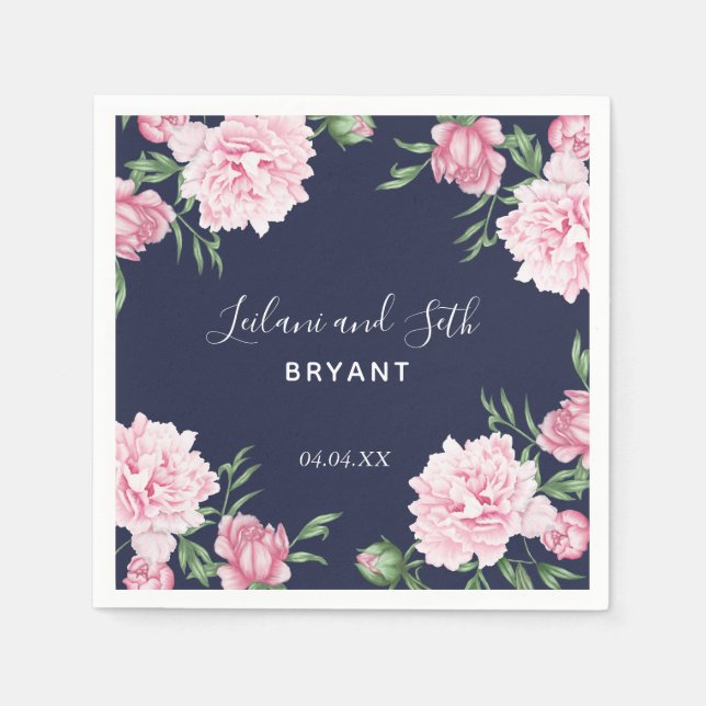Painted Pink Peony Floral Navy | Wedding Napkins (Front)