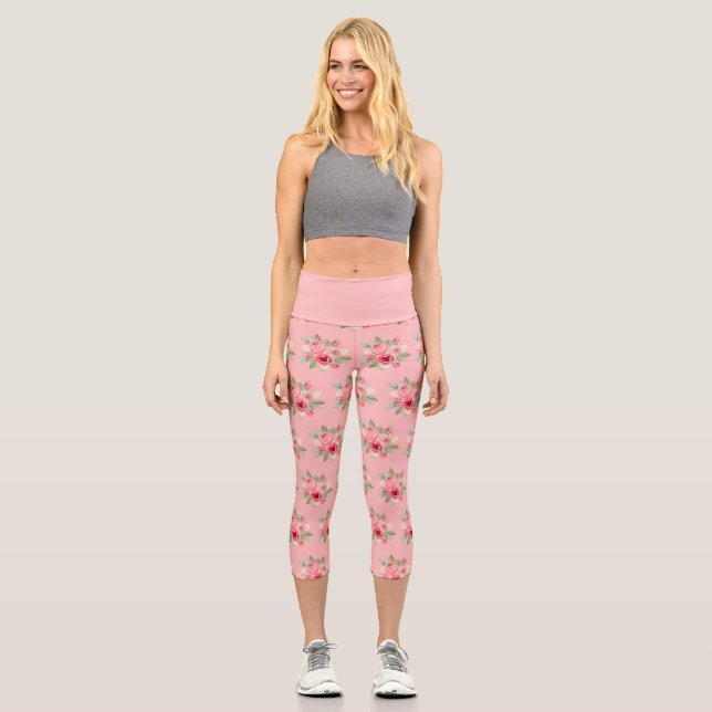 Painted Pink Roses Bouquet Pattern Capri Leggings (Front)