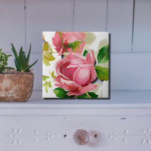 Painted Pink Roses in Vintage style Tile