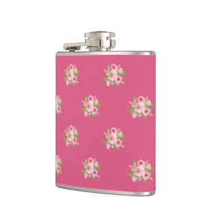 Painted Pink Roses Pattern Hip Flask