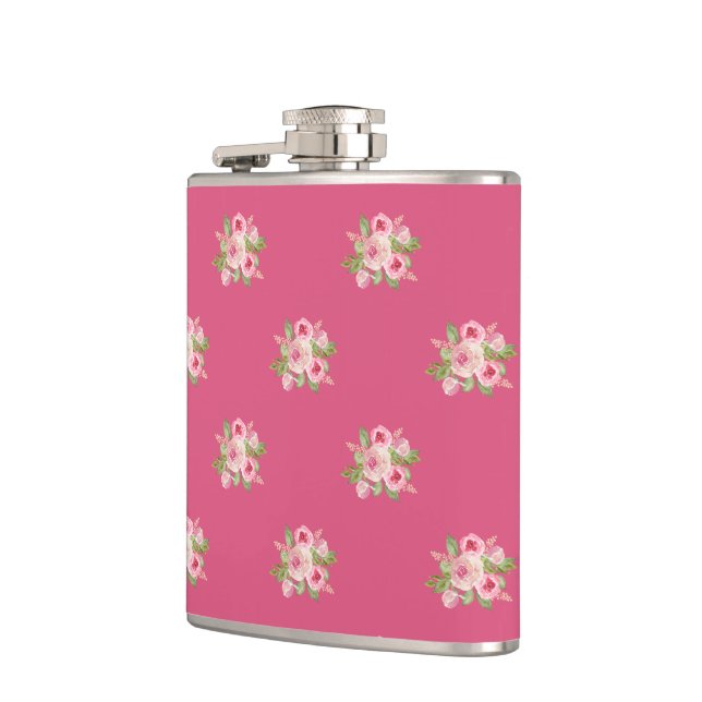 Painted Pink Roses Pattern Hip Flask (Left)