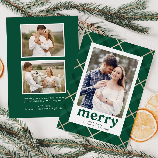 Painted Plaid Green and Gold 3 Photo Holiday Card (Creator Uploaded)