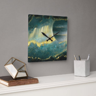 Painted Planet Sky Art by Heva Weva Green and Gold Square Wall Clock