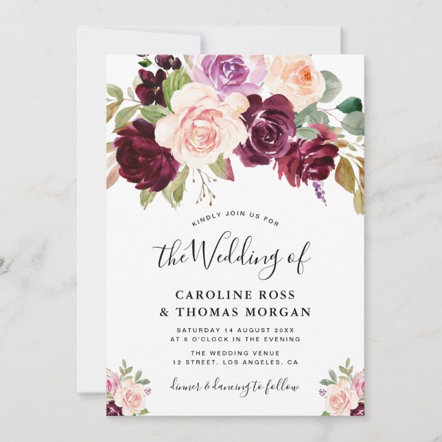 painted plum purple roses wedding invitation (Front)
