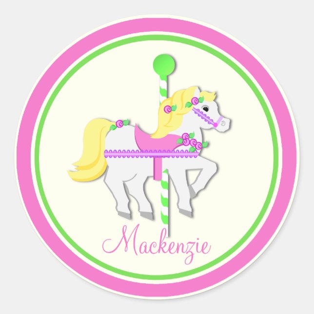 Painted Pony Pink and Green Carousel Classic Round Sticker (Front)