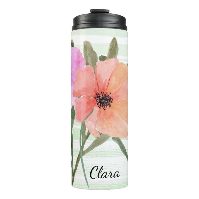 Painted Poppies and Stripes Thermal Tumbler (Front)
