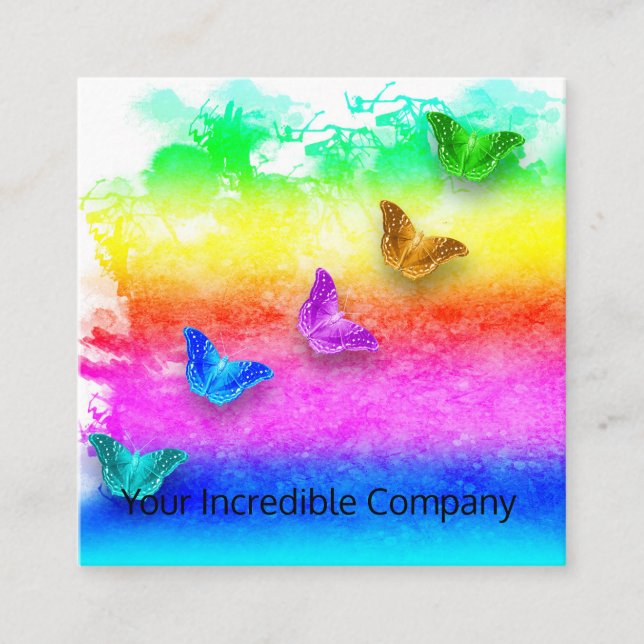 Painted rainbow butterflies square business card (Front)