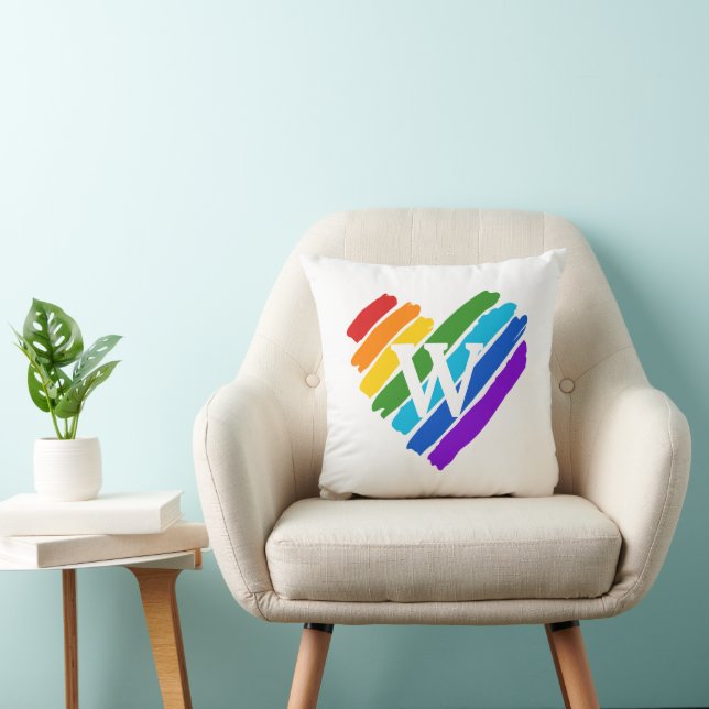 Painted Rainbow Heart on White Monogram  Cushion (Chair)